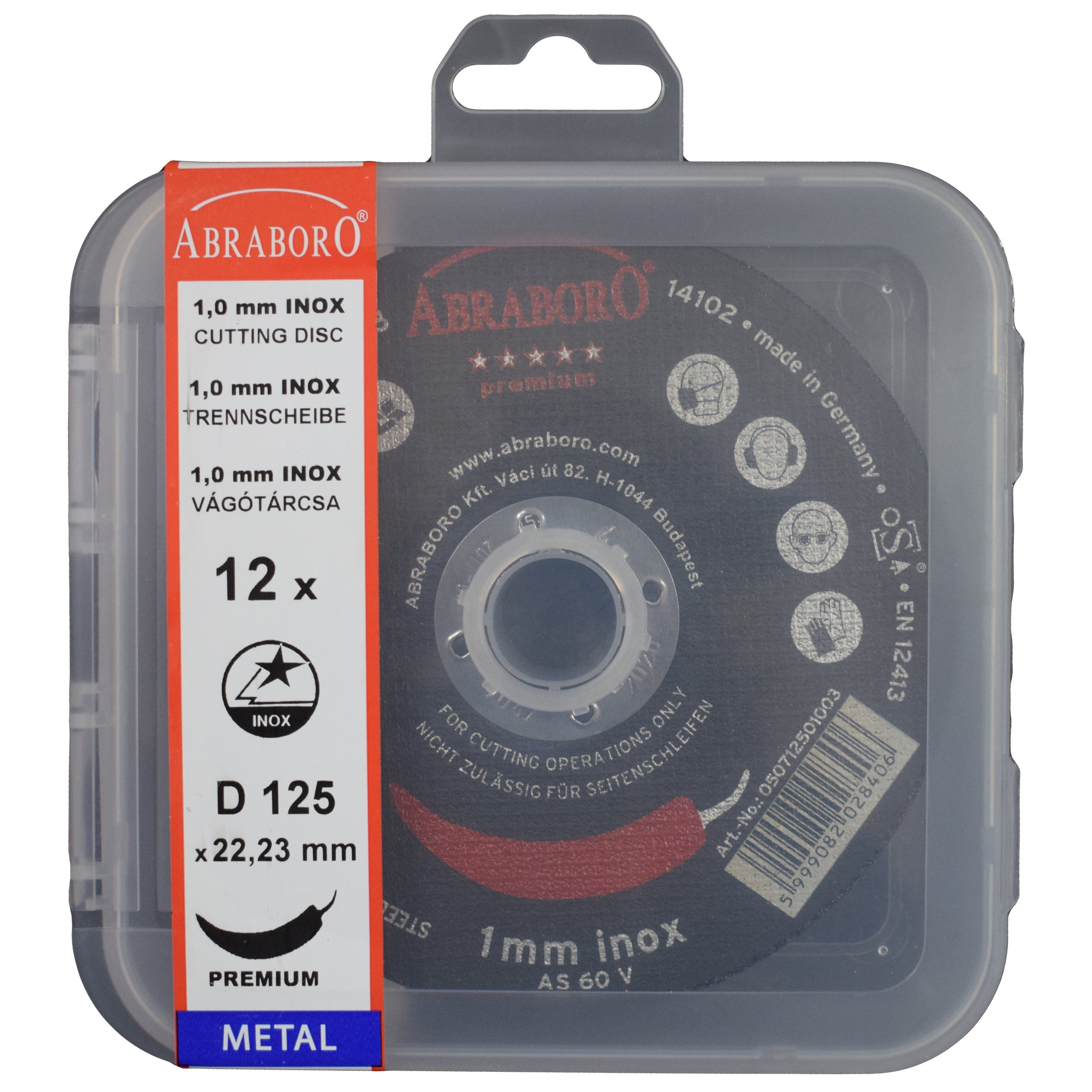 Abraboro 125 x 1.0 x 22 mm CHILI INOX Premium fémvágó korong, 12 db/csomag (felakasztható csomagolás) termék fő termékképe