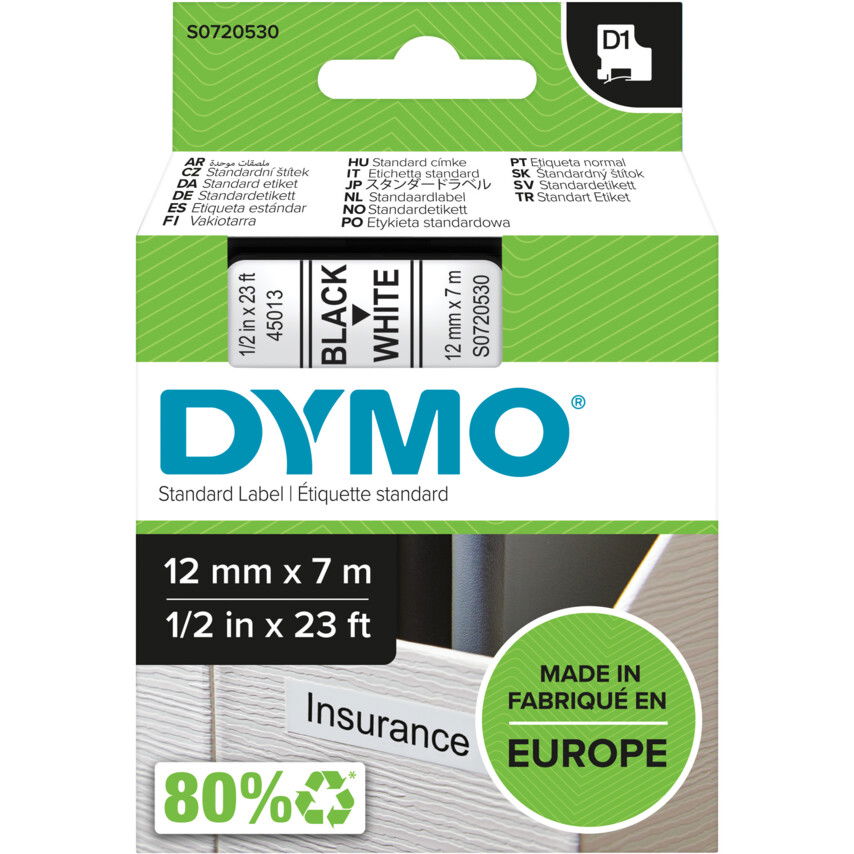 DYMO D1 TAPE 12mm BLACK ON WHITE 45013 termék fő termékképe