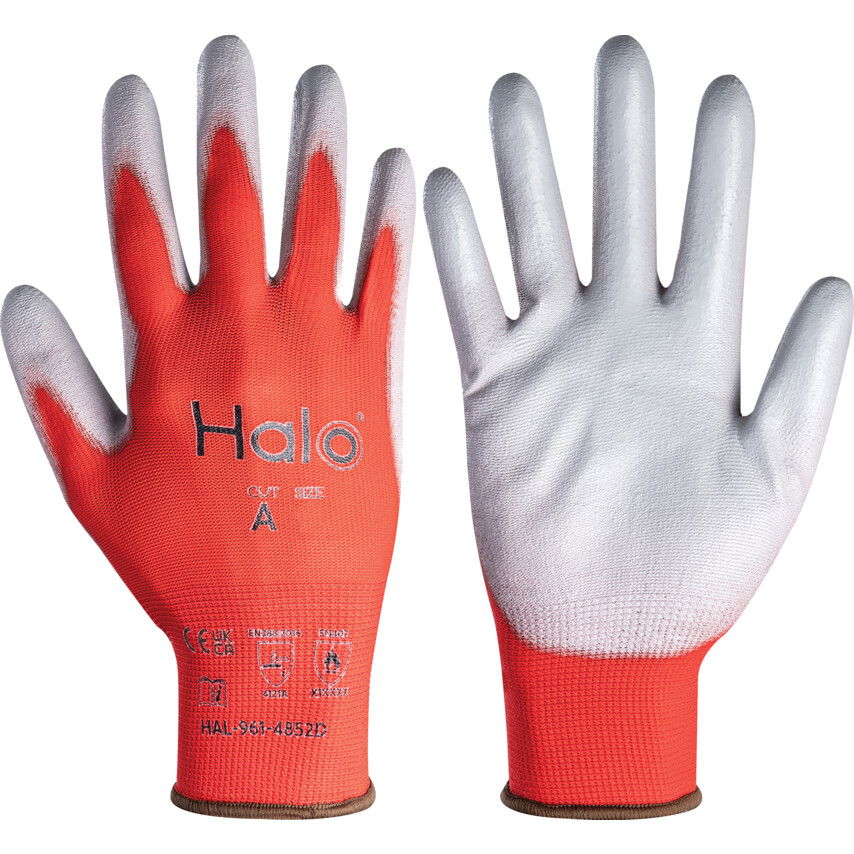 Halo PU BORÍTÁSÚ HABSZIVACS KESZTYŰ CUT-1  SZÜRKE/PIROS SZ-10 termék fő termékképe