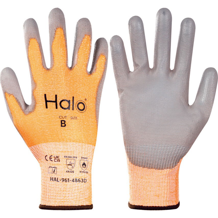 Halo PU BORÍTÁSÚ HABSZIVACS KESZTYŰ CUT-3  SZÜRKE/NARANCS SZ-11 termék fő termékképe