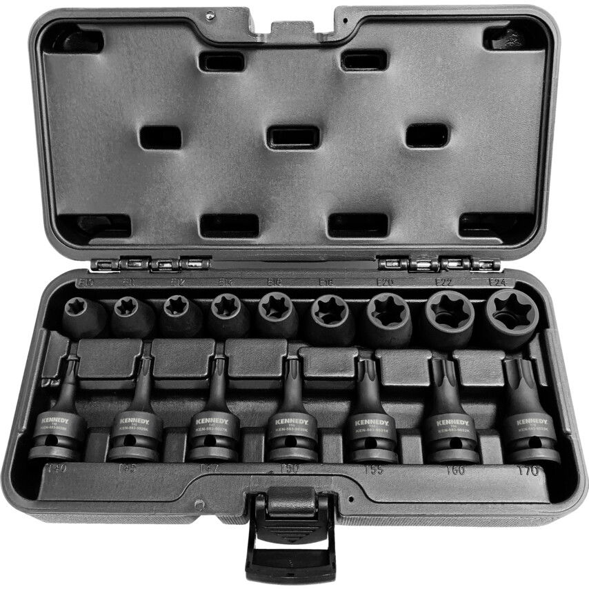 Kennedy ERŐSÍTETT TORX DUGÓKULCS ÉS FELTŰZHETŐ CSAVARBEHAJTÓ KÉSZLET 1/2" MEGHAJTÓVAL (16 DB-OS) termék fő termékképe