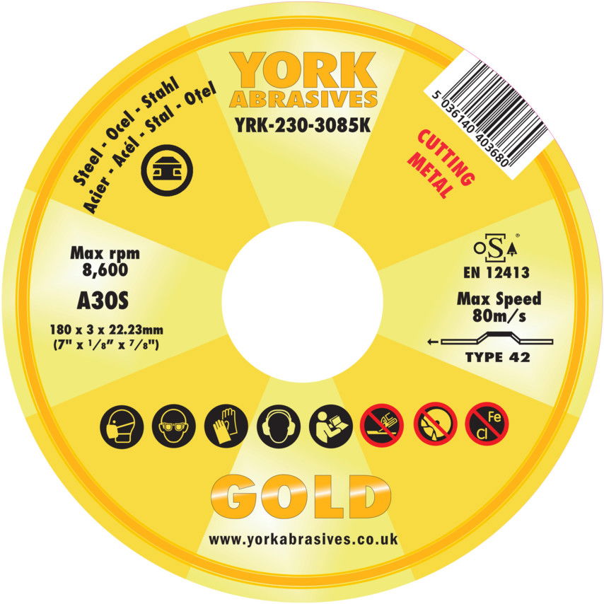 York Abrasives Gold 180X3X22.23MM A30S DPC VÁGÓKORONG termék fő termékképe