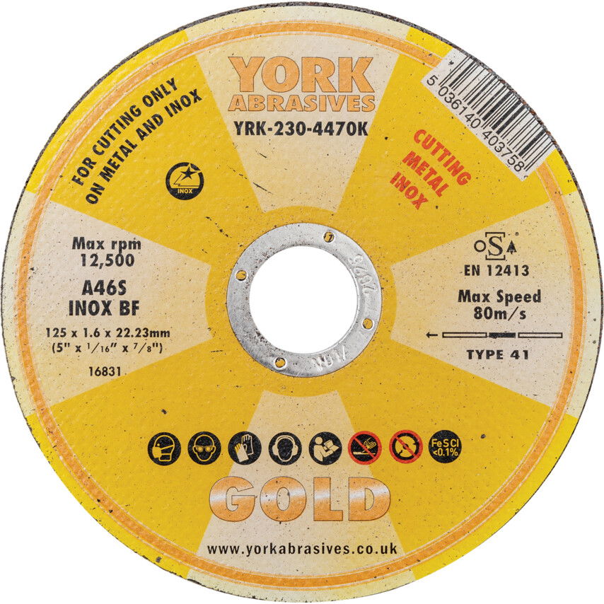 York Abrasives Gold 125X1.6X22.23MM A46S INOX BF VÁGÓKORONG termék fő termékképe